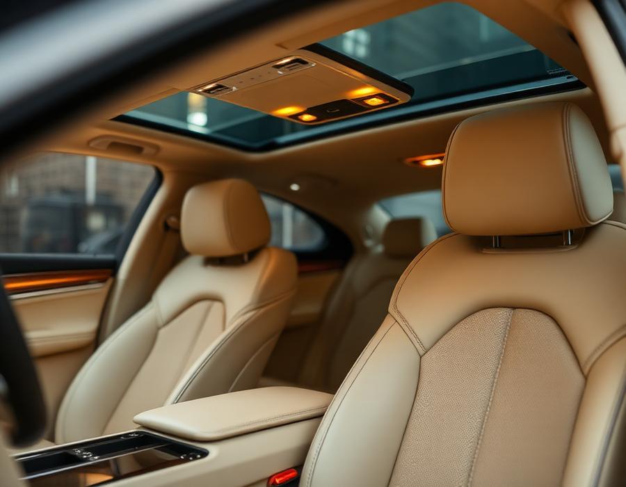 Cream leather interior of a chauffeured luxury sedan
