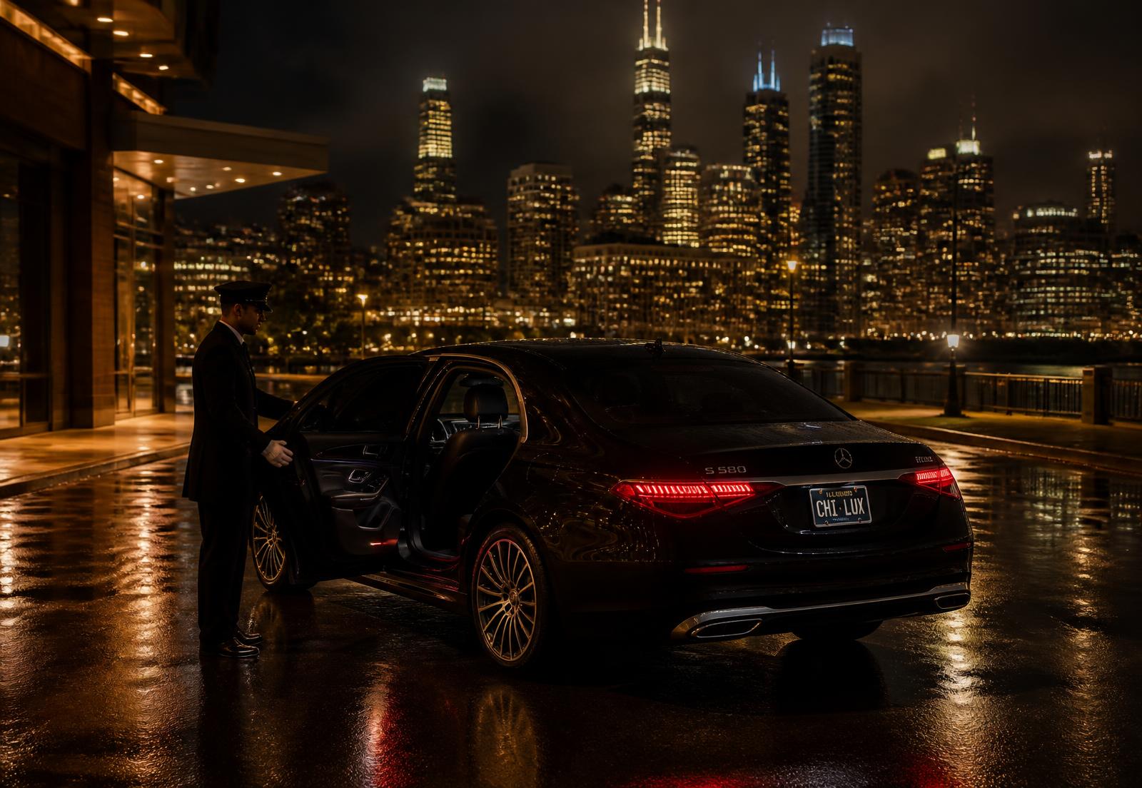 Chauffeur opening the door of a black luxury sedan against the Chicago skyline at night